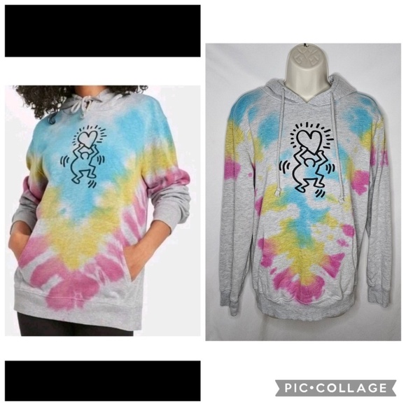 Womens Keith Haring Gray Tie Dye Pullover Hoodie Long Sleeve Front Pocket Size S - Picture 1 of 10